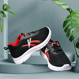 Black, red, and white sports running shoes for kids with a pvc sole, suitable for outdoor walking and casual wear