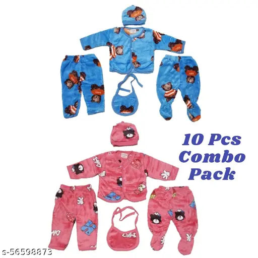 Velvet baby sweater set, complete clothes collection with bib, cap, pajamas & upper. India-made 5pc bundle for 0-6 months