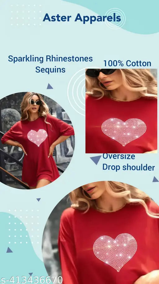 Red cotton oversized off-shoulder t-shirt with sparkling rhinestones, trendy stardesign, loose-long baggy fit