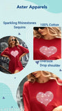 Red cotton oversized off-shoulder t-shirt with sparkling rhinestones, trendy stardesign, loose-long baggy fit
