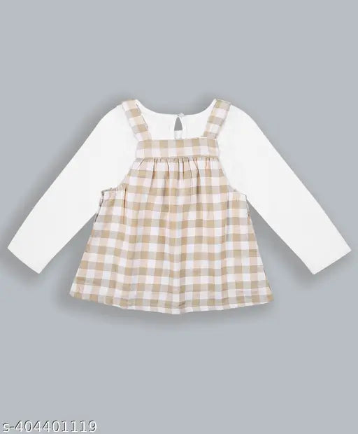 Light brown checkered dungaree with full-sleeve t-shirt: Breathable cotton blend for kids' play, India-made classic style