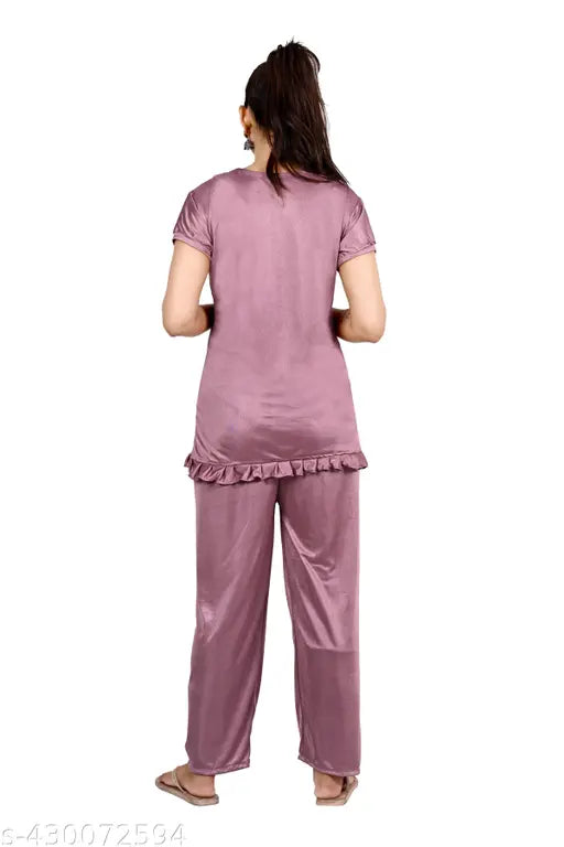 Purple satin nightsuit set for women, featuring a spaghetti top and pyjama bottom. Comfortable and stylish nightwear from PUSHBELA