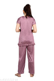 Purple satin nightsuit set for women, featuring a spaghetti top and pyjama bottom. Comfortable and stylish nightwear from PUSHBELA