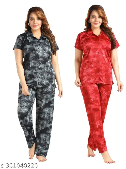 Satin print nightwear set, women's and girls loungewear suite (CIMBO) by Malani, pack of 2 pcs with short sleeves