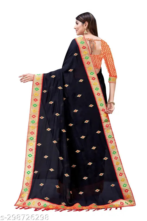 Black embroidered georgette saree with a border, pallu and full-length pattu