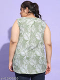 Plus size tropical print green & white top, sleeveless polyester, vibrant design, versatile party wear