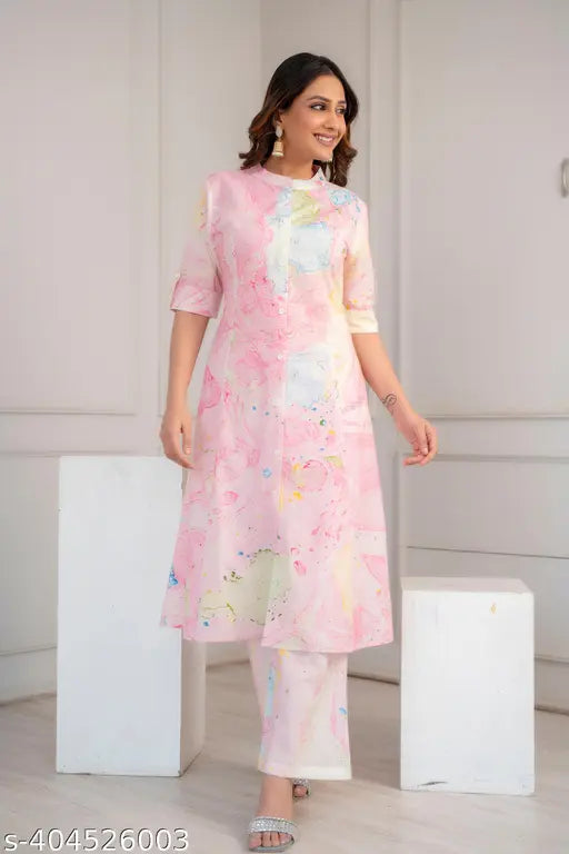 Cotton co ord set, three-quarter sleeves kurta and pants with dyed/washed net print for women's office wear, pure cotton, India origin