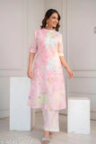 Cotton co ord set, three-quarter sleeves kurta and pants with dyed/washed net print for women's office wear, pure cotton, India origin