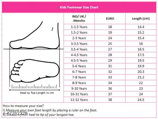 Kids' footwear size chart in pink, featuring various styles with Euro and Length measurements, and UK style name'Bunnies Baby Boys Girl Colourful Stylish Casual Sandal 1 to 5 Years Kids