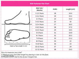 Kids' footwear size chart in pink, featuring various styles with Euro and Length measurements, and UK style name'Bunnies Baby Boys Girl Colourful Stylish Casual Sandal 1 to 5 Years Kids