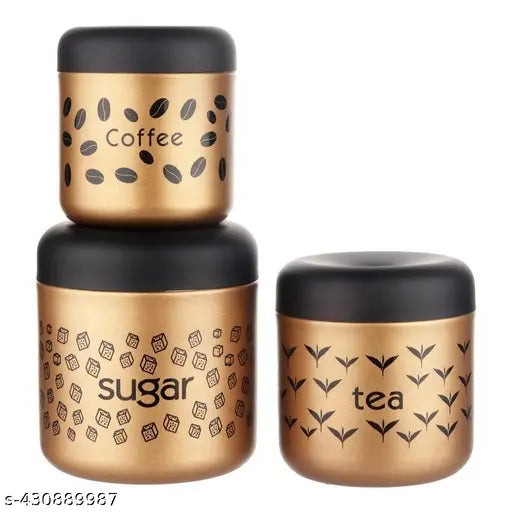 Three stainless steel canisters, color-coated with printed tea and coffee designs, matte finish. Contain 700ml, 500ml, and 300ml. Set of 3