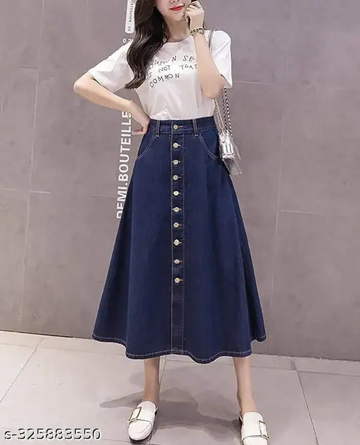 Navy Blue Buttoned Denim A-Line Maxi Skirt, lightweight and breathable denim for women, ideal for various body types and all seasons
