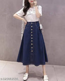 Navy Blue Buttoned Denim A-Line Maxi Skirt, lightweight and breathable denim for women, ideal for various body types and all seasons