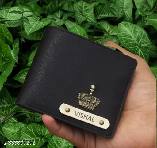Black canvas & leather men's wallet with 5 compartments, ideal for ID, ATM cards, and coins. Personalized name and charm design option available