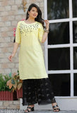 Yellow Rayon Kurta Set with Palazzos, Solid Net Handwork on Yoke, Indian-made