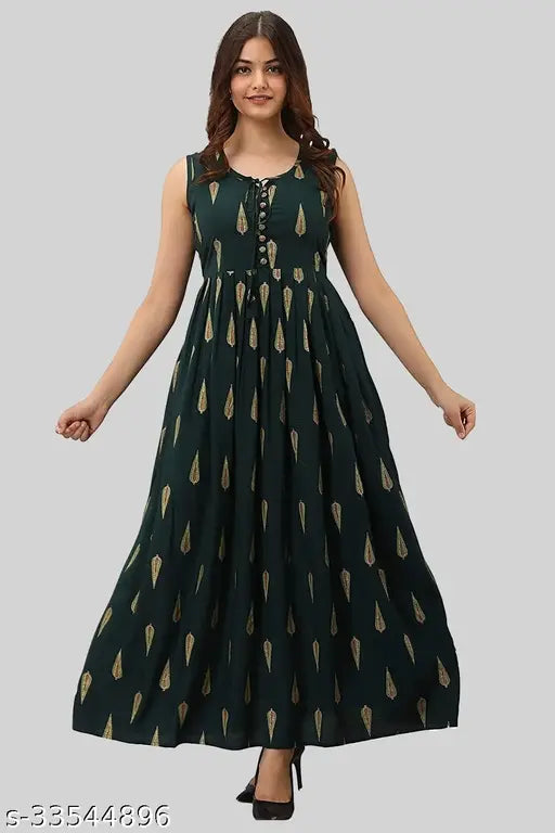 Dark green rayon sleeveless Tilak printed gown for women, India origin