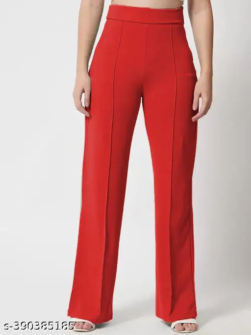 Red high-waisted bellbottom trousers with a fitted waist and flared legs