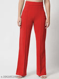 Red high-waisted bellbottom trousers with a fitted waist and flared legs