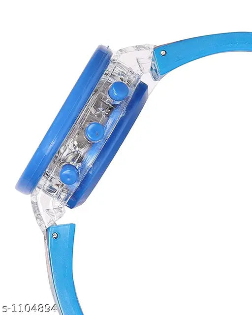 Vibrant blue and black digital watch with LED lights, designed for children's fashion