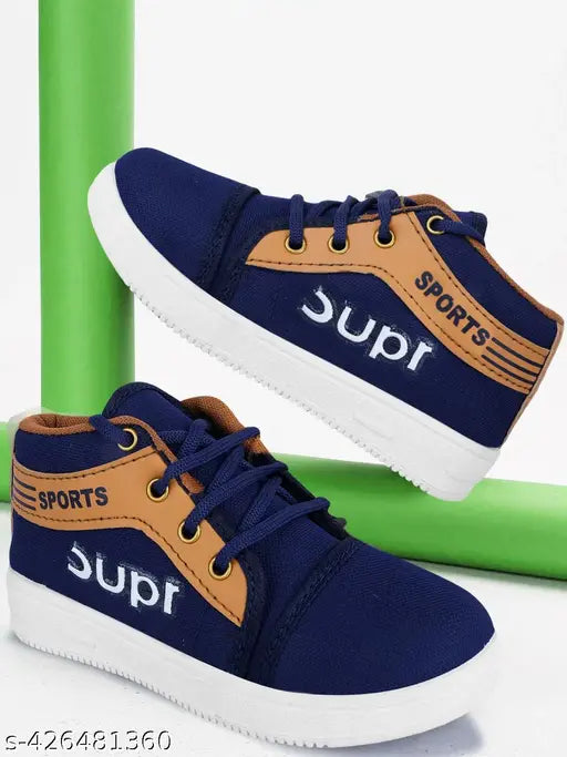 Blue and white sports shoes with orange stripes, rubber sole
