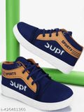 Blue and white sports shoes with orange stripes, rubber sole