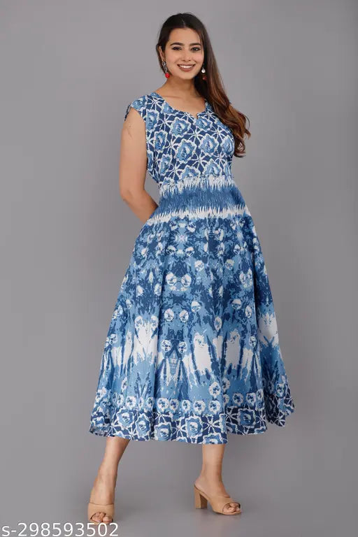 Mid-length cotton daytime blue dress for women, free size included, suitable for daytime or evening wear