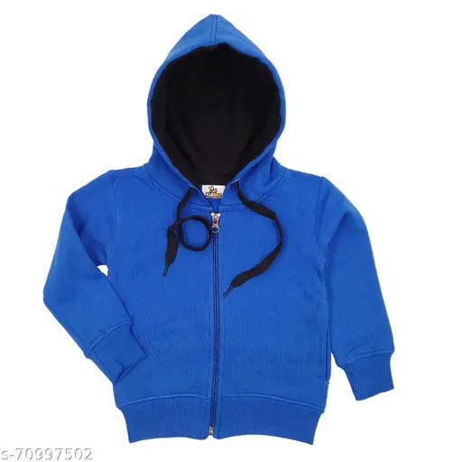 Blue full sleeve unisex hoodie with drawstring hood and black trim