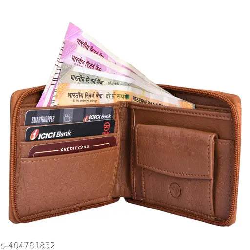 Tan PU leather men's wallet with round chain closer, coin pocket, and 2 compartments. Faux leather wallet for modern style and practicality