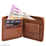 Tan PU leather men's wallet with round chain closer, coin pocket, and 2 compartments. Faux leather wallet for modern style and practicality