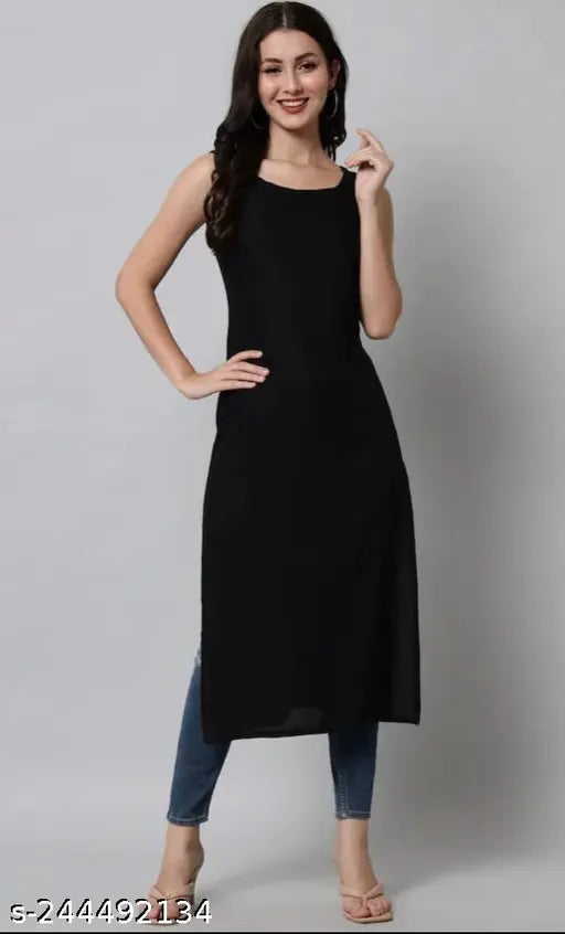 Rayon sleeveless black kurta, embroidery work on Indian women's fashion