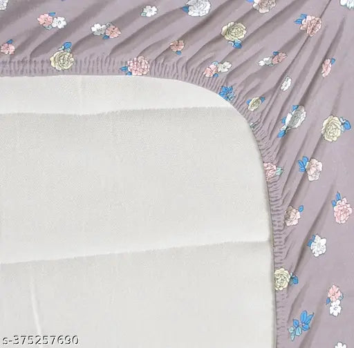 White cotton elastic king size fitted bedsheet with 2 pillow covers, floral print, double bed, supersoft 210TC. Ideal for summer