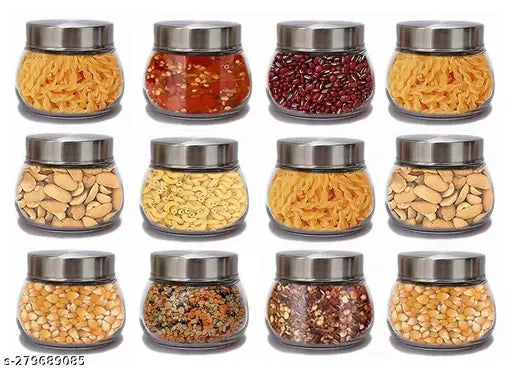 Set of eight oval glass jars with silver steel airtight lids, suitable for spices, honey, jams, dried fruits, and more, 300ml each