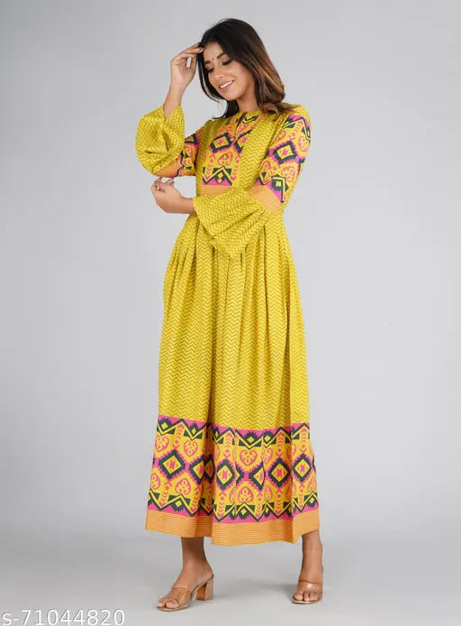 Lime-colored rayon Anarkali kurti with three-quarter frill sleeves, beautifully printed for Indian women's fashion