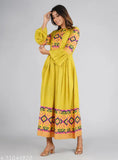 Lime-colored rayon Anarkali kurti with three-quarter frill sleeves, beautifully printed for Indian women's fashion