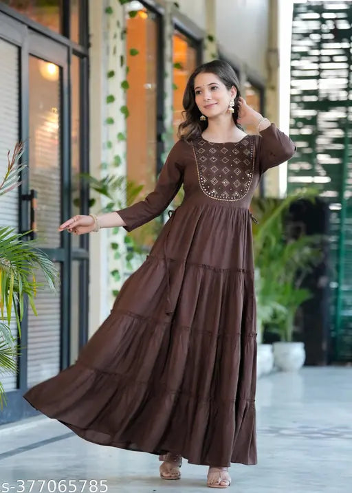 Rayon embroidered solid Anarkali dress with 3/4 sleeves, India-origin women's fashion in size S-XXXXL