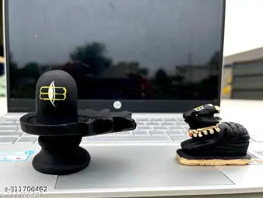 Black hand-painted poly resin Shivling and Nandi idols with tilak, 2.5" x 3" x 1.5", handcrafted from India