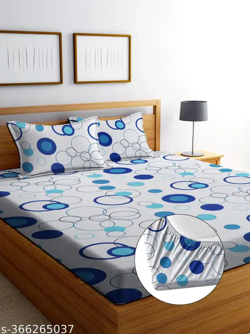 White, cotton fitted double bedsheet set with 2 pillow covers, geometric print, 250 thread count, ideal for summer, adult use