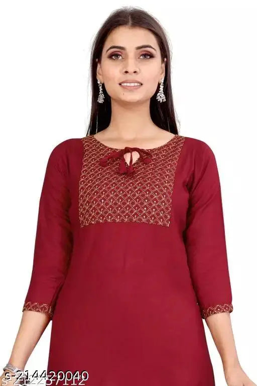 Red rayon kameez, embroidered neckline, long sleeves, knee-length