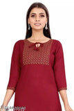 Red rayon kameez, embroidered neckline, long sleeves, knee-length