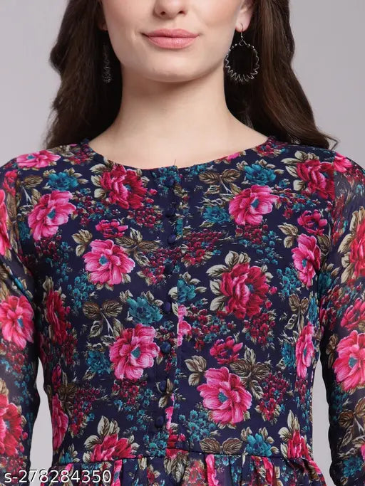 Black, floral, knee-length dress with cap sleeves