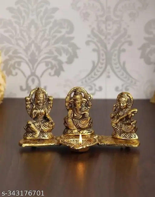 Golden Ganesha Lakshmi Saraswati Choki set with Diya, Vastu-friendly office or home temple decoration, size L18x10x10 cm