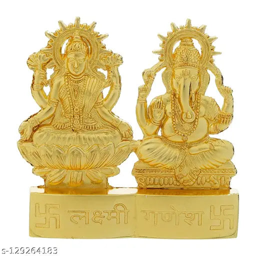 Gold-plated Laxmi Ganesh Idol (2.75x2.75in), traditional Indian decor for home/office, Diwali gift or spiritual lucky memento