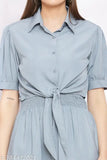 Grey women's solid 2-piece crepe jumpsuit set, short sleeves, solid pattern on mannequin