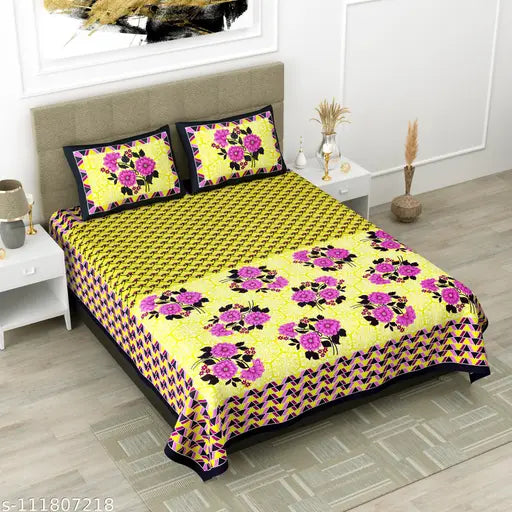 Yellow floral print super king size bedsheet with 2 pillow covers, 100% cotton.