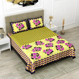 Yellow floral print super king size bedsheet with 2 pillow covers, 100% cotton.