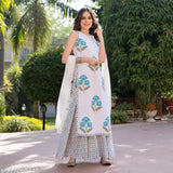 Cotton printed kurti set with dupatta & pants for women, single size (XS-XXL), Indian origin