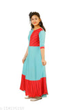 Cotton blend maxi gown for girls party wear, printed net pattern, three-quarter sleeves, India origin, size 8-9 years (bust 31in, length 44in)