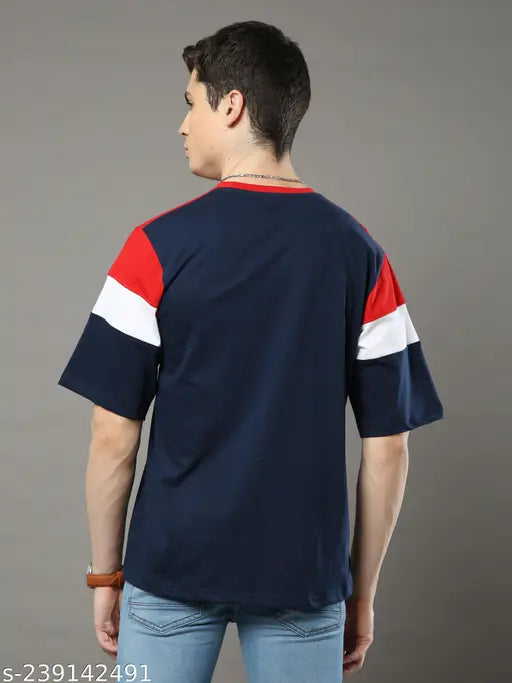 Navy cotton blend oversized striped T-shirt by Zinpand MenS (Red-White), short sleeves, high-quality finish