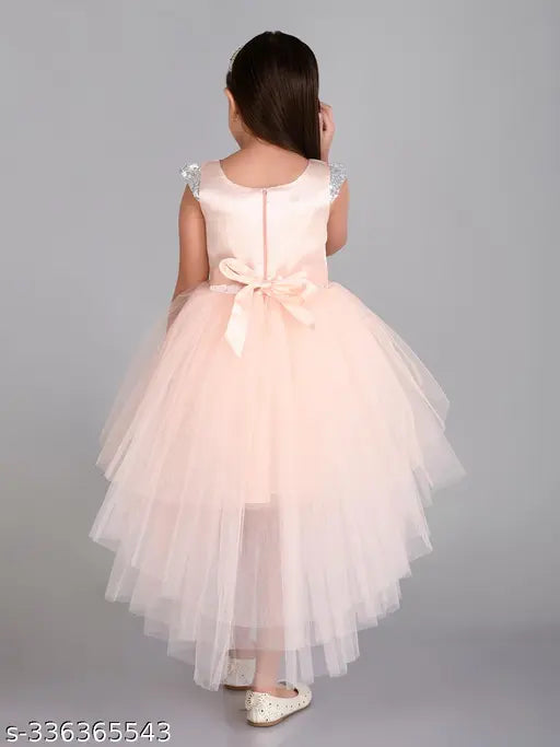 Peach layered hi-low net dress for girls aged 1-4 years, embellished with toy balloon motif. Product of India." (118 characters)