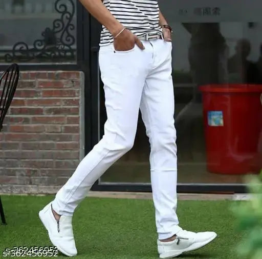 Men's cotton blend plain white jeans, solid pattern, multiple sizes available from 28-36 inches